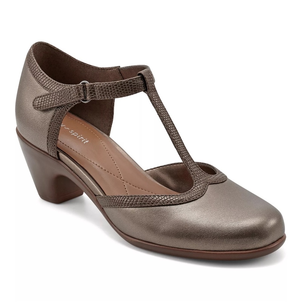 Easy Spirit Cara Women's T-Strap Adjustable Pumps Bronze Leather Size 8W NEW